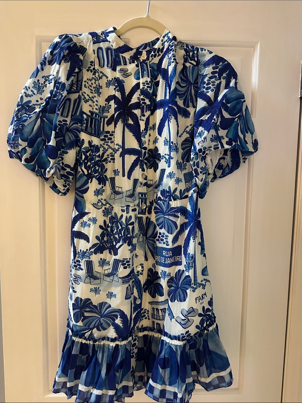 Farm Rio Blue and White Tropical Print Mini Dress